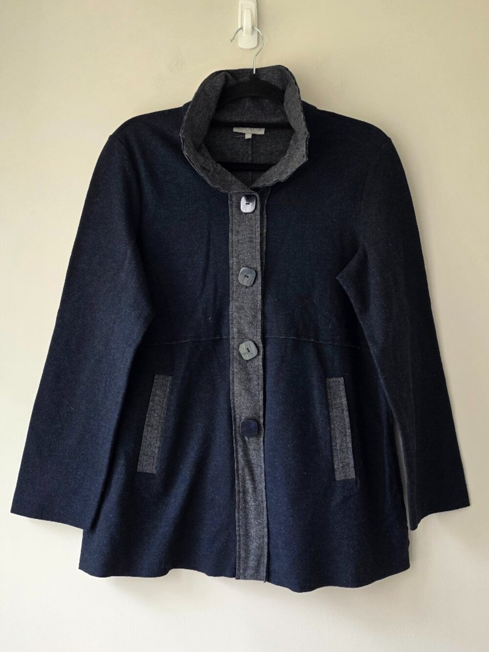 HABITAT Swing Jacket w/ Pockets | S | Navy Blue Gray Stand Collar Square Buttons